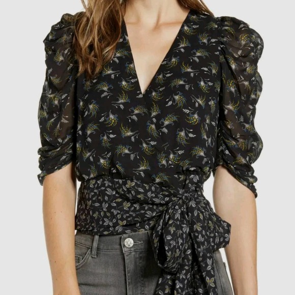 Bailey 44 Tops - Bailey44 Wrap Blouse Puff Sleeve Floral Black Crop Blouse with Tie Front Medium